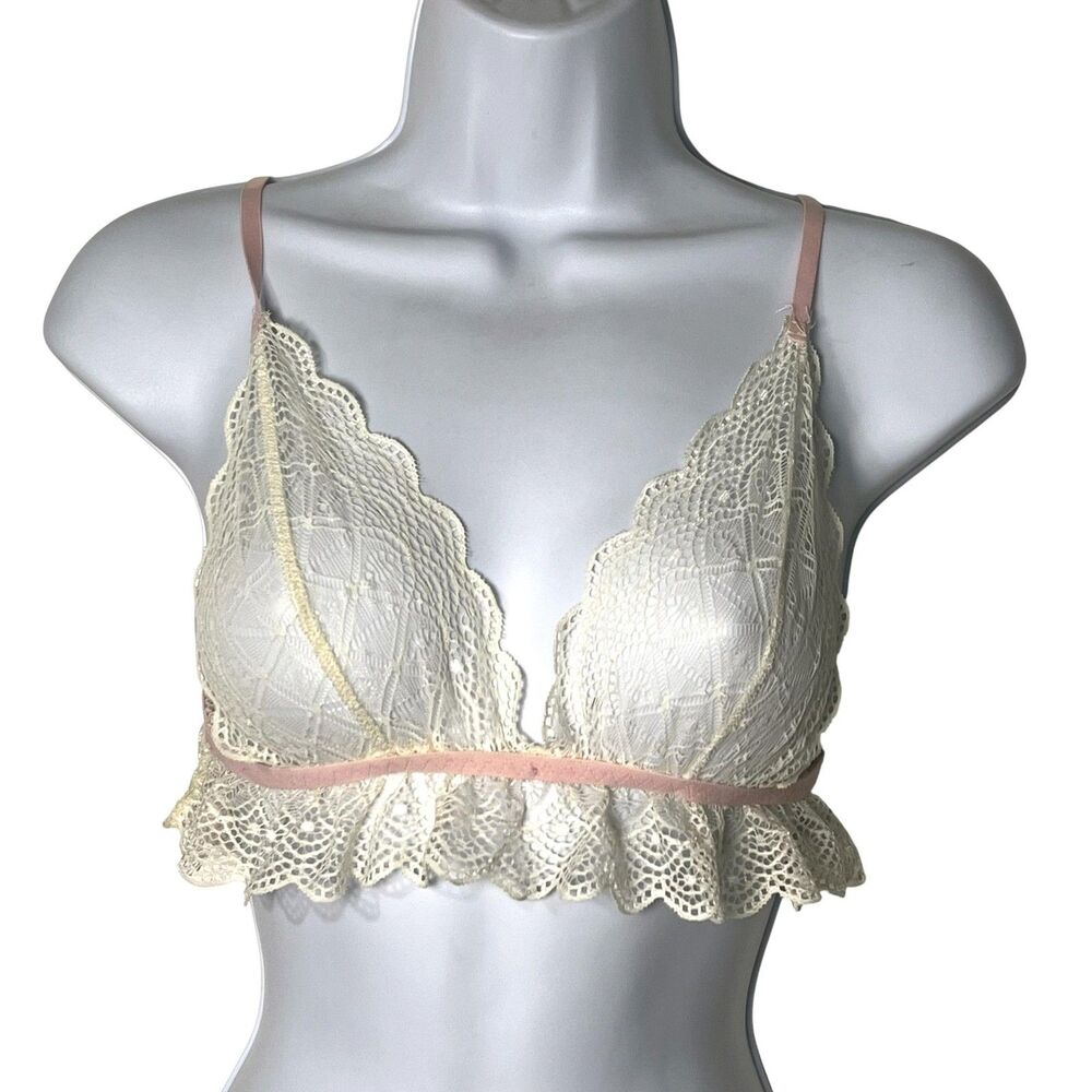 Boohoo Bralette Bra Women's L White Lace Wireless Ruffle Hem Adjustable Straps